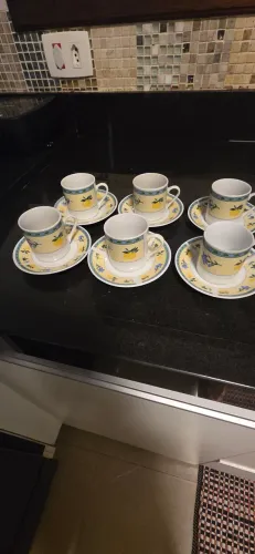 Jogo 6 Xícaras de Café/Chá com Pires - Estampa Limão Siciliano / Amarelo e Azul