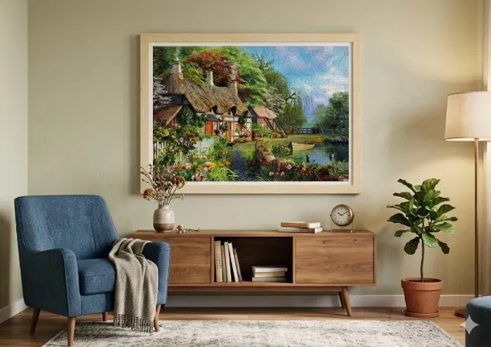 Lindo Quadro Decorativo MONTADO E EMOLDURADO Paisagem  Casa no Lago (Puzzle Grow 1000p)