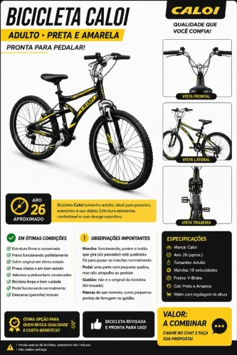 Bicicleta Caloi Adulto Aro 26 Preta e Amarela - Valor Negociável
