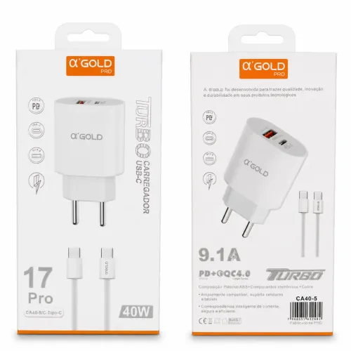 Carregador Turbo 40W ?'GOLD Pro USB + USB-C com Cabo USB-C | PD 3.0 e QC 4.0