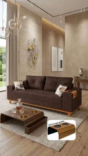 Sofá retrô quadrado 3 lugares com base de madeira e 4 almofadas decorativas e porta copo 