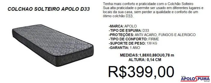 Colchão d33 espuma apolo - a pronta entrega