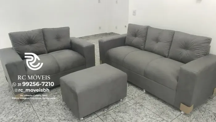 Sofá Canadá 2 e 3 Lugares + Puff - Conjunto em Suede Direto da Fábrica