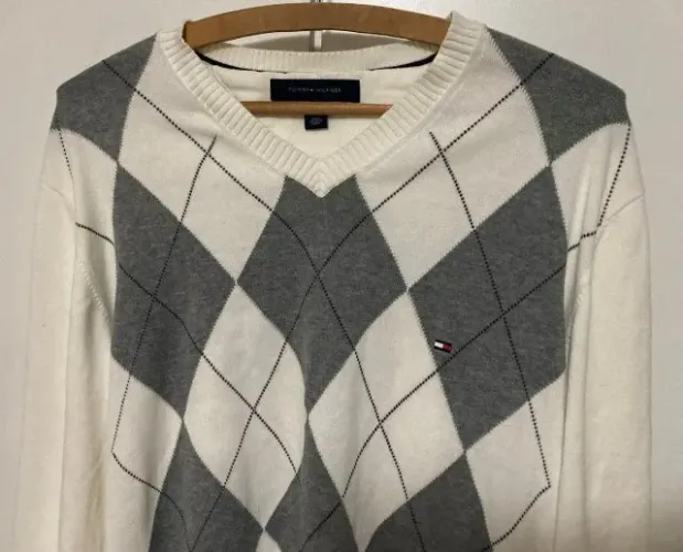 SUETER TOMMY HILFIGER L/G BRANCO E CINZA QUADRICULADO