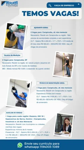 AJUDANTE GERAL / AUXILIAR DE VENDAS / TÉCNICO DE MANUTENÇÃO GERAL / TÉCNICO DE MEDIÇÃO