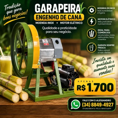 Garapeira engenho de cana moenda inox + motor elétrico