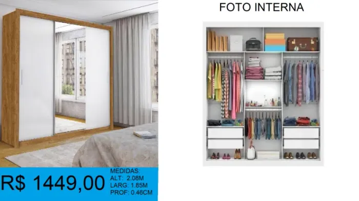 Roupeiro com 2 Portas de Correr 4 Gavetas Sapateira e Espelho