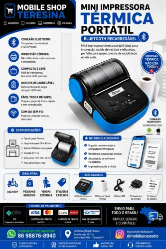 Mini Impressora Térmica Portátil Bluetooth Recarregável 80mm<br><br>