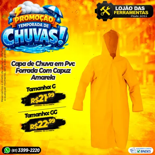 Capa de Chuva em Pvc Forrada Com Capuz Amarela G e GG