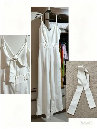 Macacão Longo Marca pynky | off-white com laço | NOVO Sem uso