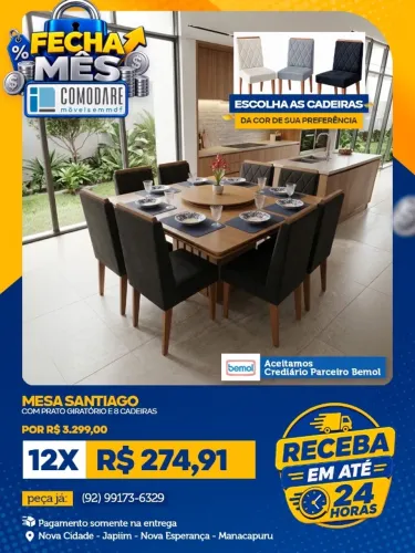 Mesa Santiago com 8 Cadeiras e Prato Giratório - R$ 3.299,00