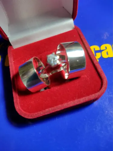 Trio Alianças Prata 950 Namoro e Compromisso 8 mm com Anel Solitário Pedra Zircônia 5 mm 