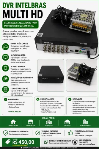 DVR Intelbras Multi HD 8 Canais + Fonte - Funcionando