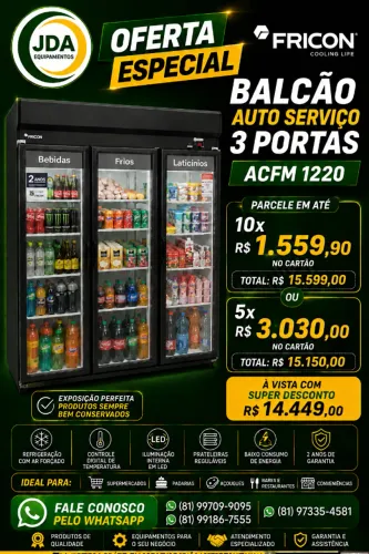 Balcão auto serviço refrigerado com 3 portas - marca fricon 2 anos garantia