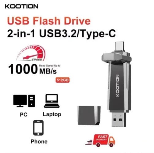 Pen Drive Kootion 512GB USB 3.2 | Tipo-A + Tipo-C | 2 em 1