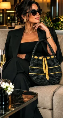 Bolsa preta com dourado em crochê manual. Peça exclusiva.