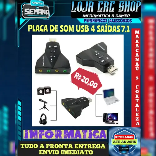 Placa de Som USB Áudio 7.1 Com 4 Saídas P2