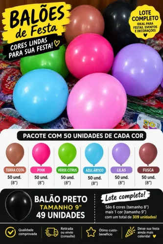 4 pacotes com 50 balões coloridos diversos