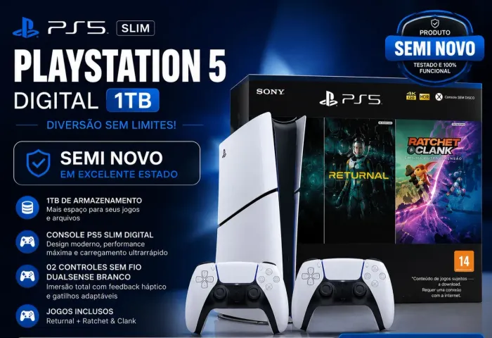 PS5 Slim Digital 1TB Semi Novo + 2 Controles + 2 Jogos