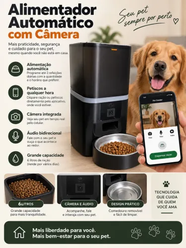 Alimentador automático para cachorro 6l de capacidade e com câmera 