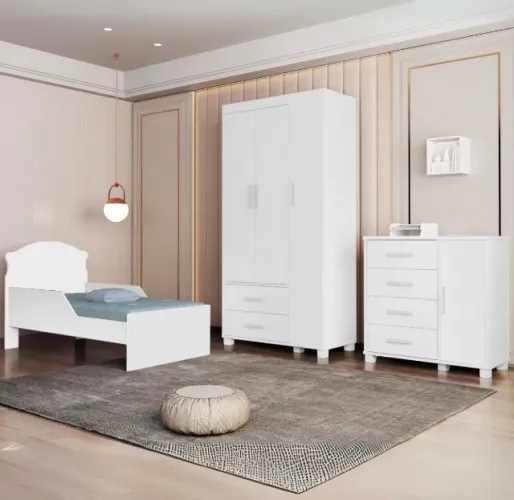 Quarto Infantil Confort Kids com Guarda-Roupa, Cômoda e Mini Cama Branco