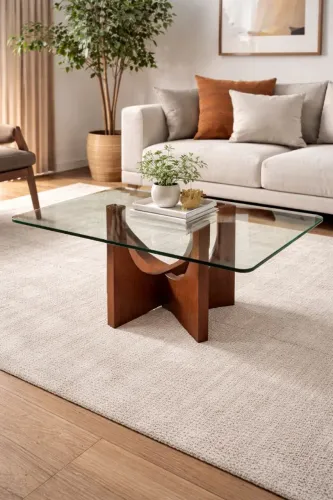 Mesa de centro vintage com base escultural em madeira e tampo em vidro bisotê