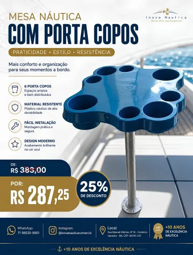 Mesa náutica com 6 porta-copos