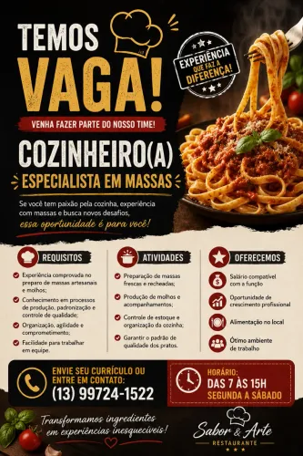 Cozinheiro (a) especialista em massas.