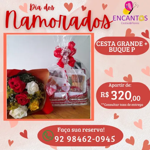 Cesta de café grande com buquê 3und para o dia dos namorados
