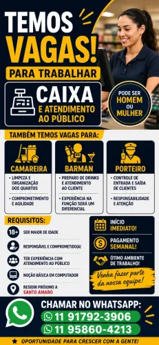 Vagas Caixa Barman Camareira e porteiro