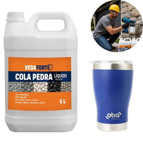 Kit Cola Pedra 5L Veda Forte + Copo Térmico Inox Azul 473ml