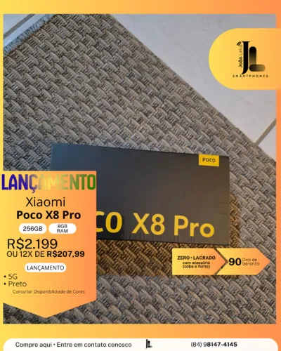 POCO X8 PRO, 5G, 256GB, 8GB RAM, LACRADO(CABO E FONTE), LANÇAMENTO!