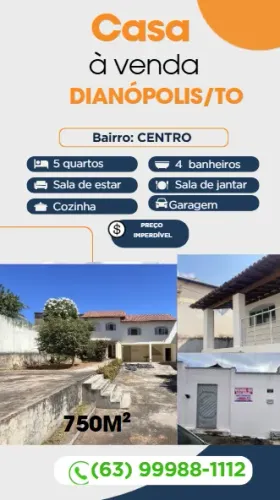 CASA Á VENDA - DIANÓPILS/TO- SETOR CENTRAL - 750M² - EXCELENTE OPORTUNIDADE DE NEGÓCIO