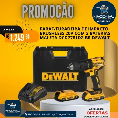 Parafusadeira Furadeira de Impacto Brushless 20V com 2 Baterias Dcd7781D2 Dewalt
