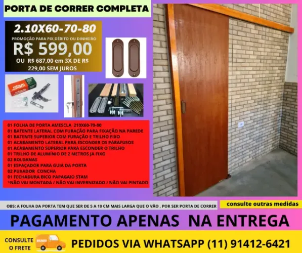 porta de correr madeira eucalipto cod p8v 2.10x82 frete a/c