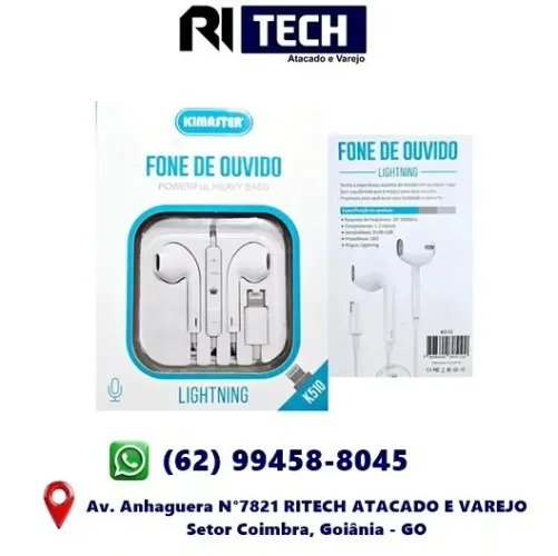 Fone De Ouvido Com Fio Lighting iPhone Kimaster K510 Branco 1 Ano de Garantia