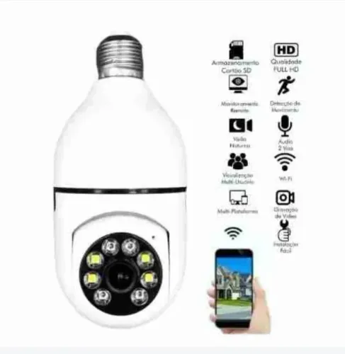 Câmera Lâmpada de Segurança Wi-fi IP 66 Soquete E27, Bivolt , Panorâmica, Visão Noturna