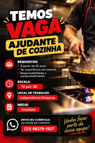 Vaga para ajudante de cozinha masculino 