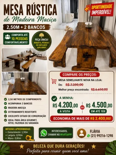 MESA RÚSTICA DE MADEIRA MACIÇA - OPORTUNIDADE!