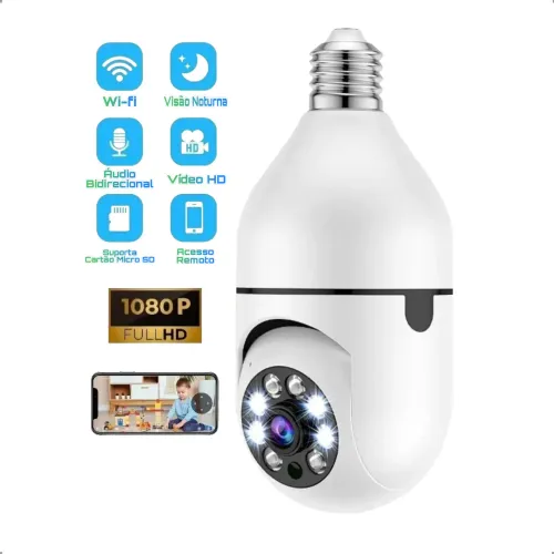 Câmera de Segurança Lâmpada IP Wi-Fi 360° Full HD 1080, Giratória, Bivolt,  Visão Noturna.