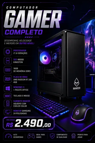 Computador Gamer Completo - Monitor 24 Pol - i7/16GB/SSD480GB