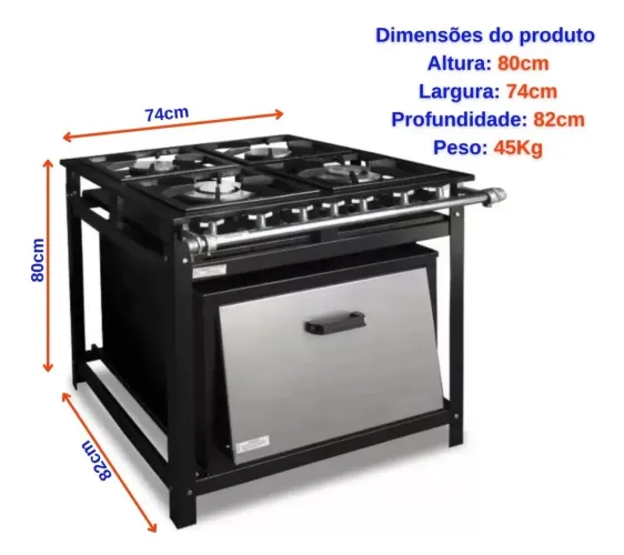 Fogão Industrial Cristal Aço 4 Bocas Com Forno 90L Economy Baixa Pressão