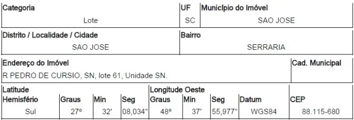 Terreno 316,8m², SERRARIA, SAO JOSE SC