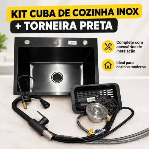 Kit Cuba de Cozinha Inox + Torneira Preta Completo