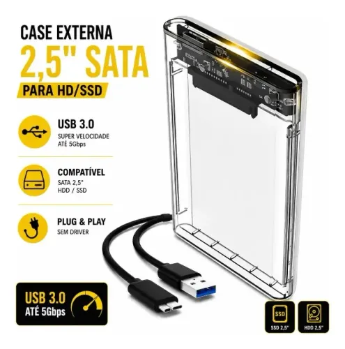 Case HD Externo 2.5 transparente USB 3.0 Tipo-C - Compatível com SSD