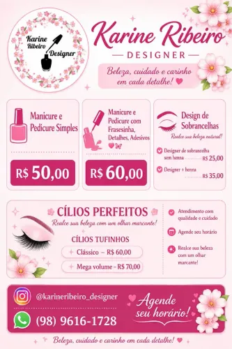 Manicure e Designer de Sobrancelhas e Cílios na Divinéia.