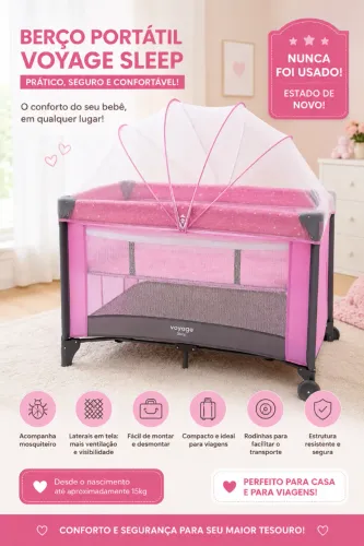 BERÇO PORTÁTIL VOYAGE SLEEP - PRÁTICO E SEGURO! ? ? Berço portátil na cor rosa, perfeito