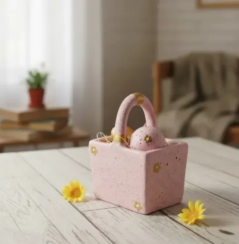 Cestinha com ovos decorativos de cerâmica