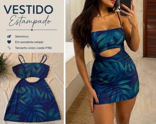 Vestido estampado azul e verde com recorte tamanho P/M