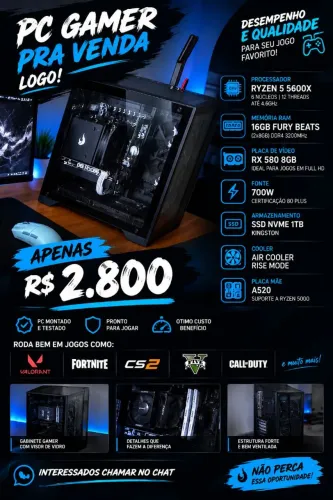 Pc gamer Full Black Ryzen 5 5600x pra vender logo